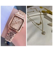 Ferrucci Dörtgen Zarif Mini Kadran Jübile Kordon Kadın Kol Saati+%100 Çelik Kolye (Rose)