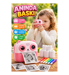 Anında Fotoğraf Baskılı Çocuk Kamerası – 5 Rulo Kağıt ve 6 Renk Kalemli Eğitici Set