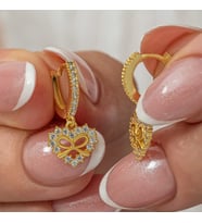 Gümüş Gold Kalp Kurdele Sallantılı Kadın Küpe