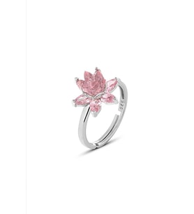 925 Ayar Gümüş Pembe Taşlı Lotus Nilüfer Çiçeği Ayarlanabilir Yüzük (STD)