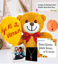 Kadınlar Günü Hediyesi Kişiye Özel İyi Ki Varsın Peluş Ayıcık & Gold Rose Gül Kolye
