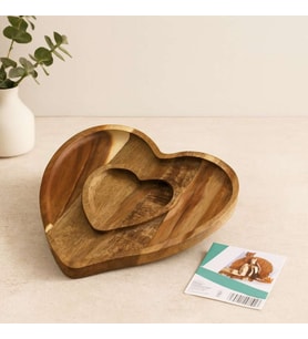 Ahşap Bambu Servis Tepsisi 2 Bölmeli Kalp Model 20x19.5x1.5 cm
