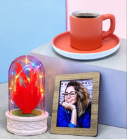 Renkli Led Işıklı Fanuslu Turuncu Kahve Fincanlı Kişiye Özel Hediye Seti (Model 6)