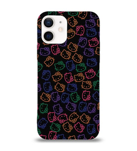 Apple iPhone 12 Uyumlu Lansman Kılıf Hello Kitty Tasarımlı İçi Kadife Kapak-Siyah (Şeffaf)