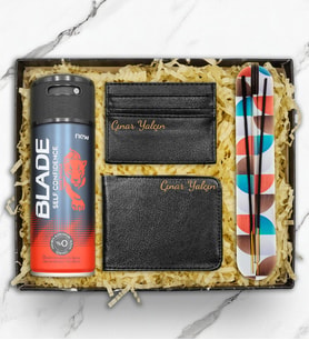 Kişiye Özel Erkek Cüzdan & Kartlık & Blade Deodorant & Tütsü Erkeğe Hediye Seti