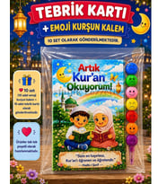 10 Set Kur'an Okuyorum Hediyesi Kur'an Kursu-Hatim Töreni Hatırası Emoji Kurşun Kalem Tebrik Kartı Hediyeli