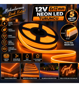 12 Volt 6x12 mm Orange Esnek Neon Led 5 metre IP65