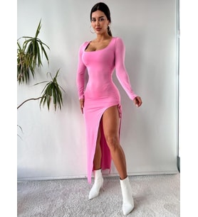 Pembe Kriptografik İpli Bacak Dekolteli Maksi Elbise