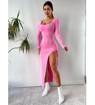 Pembe Kriptografik İpli Bacak Dekolteli Maksi Elbise