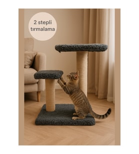 İki Adımlı Stepli Oyun Alanlı Ve Eğlenceli 44 Cm Kedi Tırmalama Tahtası