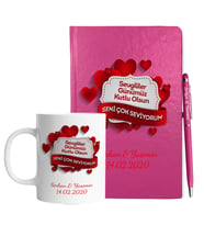Sevgililer Gününe Özel Pembe Defter Kalem & Kupa Hediye Seti 6