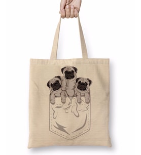 Cepte Pug Cepte Köpek Bez Çanta Uzun Saplı