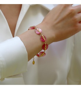 Pembe Kuvars Taşlı Gold Gümüş Bileklik