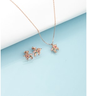 925 Ayar Gümüş Taşlı Unicorn Kolye Küpe Set ( Rose )