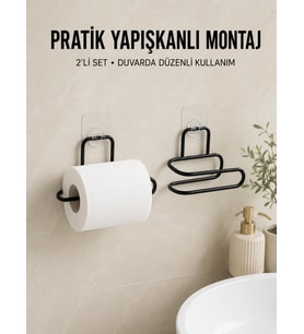 2 Adet Yapışkanlı Wc Kağıtlık Siyah Metal Pratik Duvar Tipi Rulo Tutucu