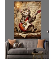 Gitar Çalan Gözlüklü Kedi Figürü Dekoratif Kanvas - Mdf Ahşap Tablo