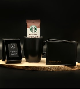 Kişiye Özel Siyah Cüzdan& Siyah Çakmak (Benzinsiz)& Siyah Kupa& Starbucks Kahve Hediye Seti