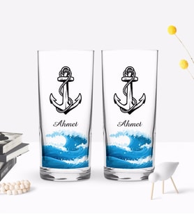 BK Gift Kişiye Özel Renkli Baskılı Çapa Tasarımlı İkili Rakı Bardağı Seti-2 (Beyaz)