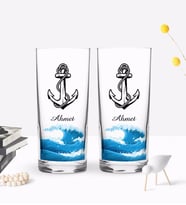 BK Gift Kişiye Özel Renkli Baskılı Çapa Tasarımlı İkili Rakı Bardağı Seti-2 (Beyaz)