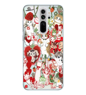 Redmi Note 8 Pro Uyumlu Çilek ve Kediler Tasarımlı Şeffaf Telefon Kılıfı