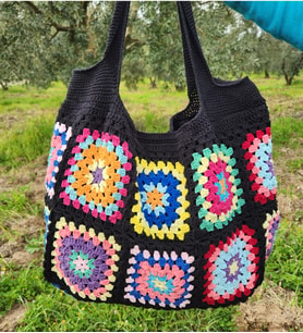 Örgü Çanta, Yazlık Omuz Çantası, Rengarenk Kare Motifli Çanta, Tığ İşi Çanta (Siyah)