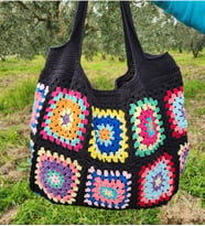 Örgü Çanta, Yazlık Omuz Çantası, Rengarenk Kare Motifli Çanta, Tığ İşi Çanta (Siyah)
