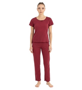 Seamlife Kadın %100 Pamuk Kalp Desenli Kısa Kollu Pijama Takımı 466542 (Bordo)