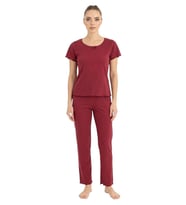 Seamlife Kadın %100 Pamuk Kalp Desenli Kısa Kollu Pijama Takımı 466542 (Bordo)