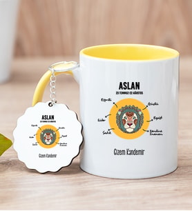 Kişiye Özel Aslan Burcuna Hediye Sarı Kupa Bardak ve Anahtarlık