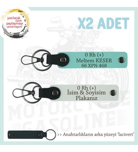 Motor Severler İçin, İsim Plaka ve 0 Rh (+) Kan Grubu x2' li Anahtarlık, Hediye , Beyaz-Turkuaz-Laci (Çok Renkli)