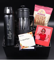 Kişiye Özel 500 ml Siyah Kilitli Çelik Termos & İnstagram Çerçeve & Siyah French Press & Colombian Taze Filtre Kahve Hediye Seti