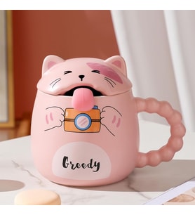 Özel Tasarım 3D Kedi Figürlü Kapaklı Kaşıklı Kupa Bardak