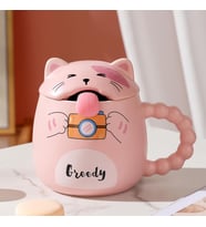 Özel Tasarım 3D Kedi Figürlü Kapaklı Kaşıklı Kupa Bardak