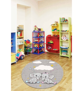 Gri Kaymaz Tabanlı Fil Desenli Yuvarlak Bebek Halısı AR1346