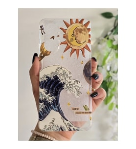 Realme C55 Uyumlu Dalga ve Güneş Desenli Şeffaf Telefon Kılıfı