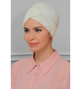 Krem Pratik Hazır Geçmeli Tesettür Bone Fukuro Piliseli Çapraz Büzgülü 1822_40