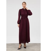 Yakası Taşlı Örme Triko Elbise - Bordo