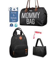 Stylo Mommy Bag Bebek Bakım Kadın Omuz Çantası + Popi Anne Kadın Sırt Çantası Termos Çanta Hediye (Parlak Siyah)