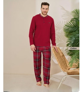 Pijamoni Erkek Standart Kalıp Pamuklu Düğme Yaka Uzun Kol Baharlık Pijama Takımı 6300/5KK - 1 Adet (Kırmızı)