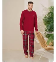 Pijamoni Erkek Standart Kalıp Pamuklu Düğme Yaka Uzun Kol Baharlık Pijama Takımı 6300/5KK - 1 Adet (Kırmızı)