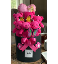 Pembe Silindir Kutuda Aksesuarlı Peluş Ayıcık Buketi / Sevgiliye, yeni doğana, doğum günü, İş terfi,  noel, yılbaşı, yeniyıl ve tüm özel gün hediyesi