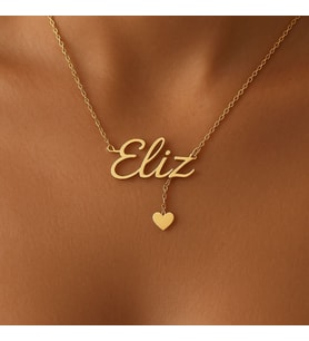 Kişiye Özel 925 Ayar Gümüş Tasarım İsim Sallantılı Kalp Kolye (Gold)