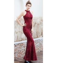 Halter yaka pencere detaylı abiye elbise (Bordo)