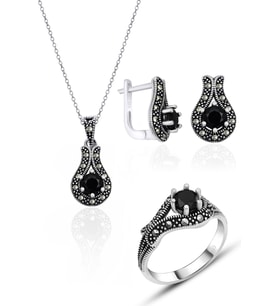Markazit Gümüş Set Oniks Taşlı Üçlü Set 925 Ayar Kadın ST137