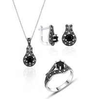 Markazit Gümüş Set Oniks Taşlı Üçlü Set 925 Ayar Kadın ST137