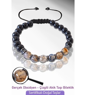 Sertifikalı Gerçek Doğal Obsidyen - Çizgili Akik Taşı Bileklik - Ayarlamalı (Çok Renkli)