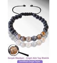 Sertifikalı Gerçek Doğal Obsidyen - Çizgili Akik Taşı Bileklik - Ayarlamalı (Çok Renkli)