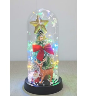 Yılbaşı Temalı Işıklı Dekoratif Cam Fanus - Kar Küresi Efektli Mini Çam Ağacı , Geyik ve Noel Baba F