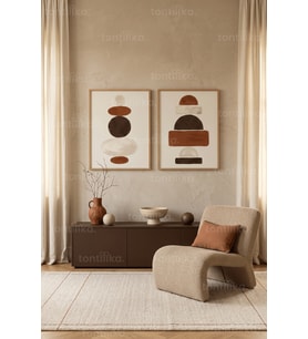 Minimalist Geometrik Formlar 2'li Ahşap Çerçeveli Tablo Seti