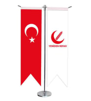 Masa Üstü Kırlangıç Yeniden Refah Partisi + Türk Bayrağı + Krom T Direk Masa Bayrak Seti